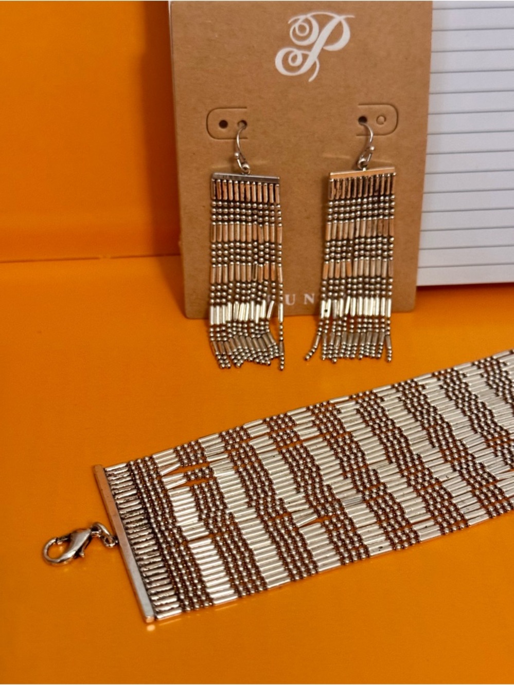 Plunder Fringe Beaded Bracelet Earrings Silver Tone Set New in Package